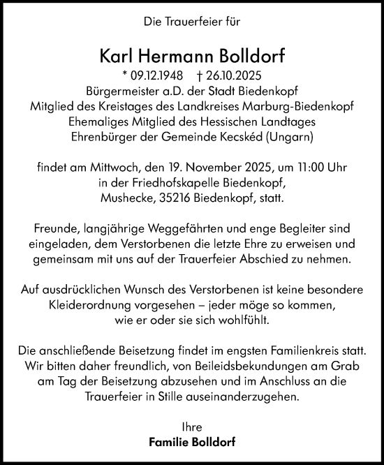 Traueranzeige von Karl Hermann Bolldorf von Hinterländer Anzeiger