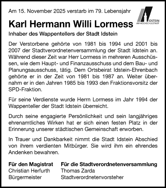 Traueranzeige von Karl Hermann Willi Lormess von Idsteiner Land/Untertaunus