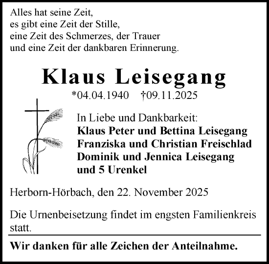 Traueranzeige von Klaus Leisegang von Dill Block