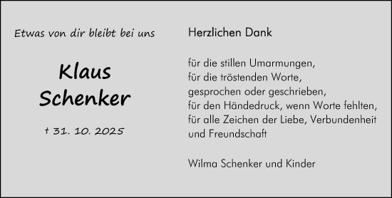 Traueranzeige von Klaus Schenker von Wetzlarer Neue Zeitung