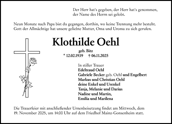 Traueranzeige von Klothilde Oehl von Allgemeine Zeitung Mainz