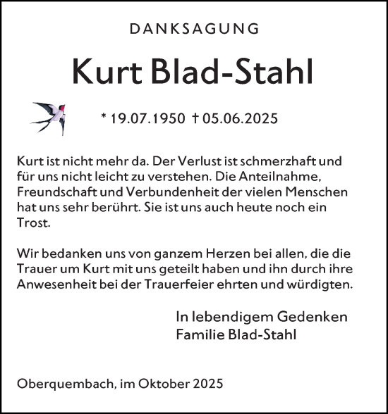 Traueranzeige von Kurt Blad-Stahl von Wetzlarer Neue Zeitung