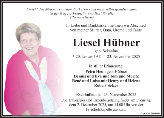 Traueranzeige von Liesel Hübner von Nassauische Neue Presse