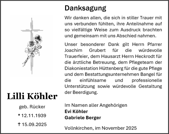 Traueranzeige von Lilli Köhler von Wetzlarer Neue Zeitung