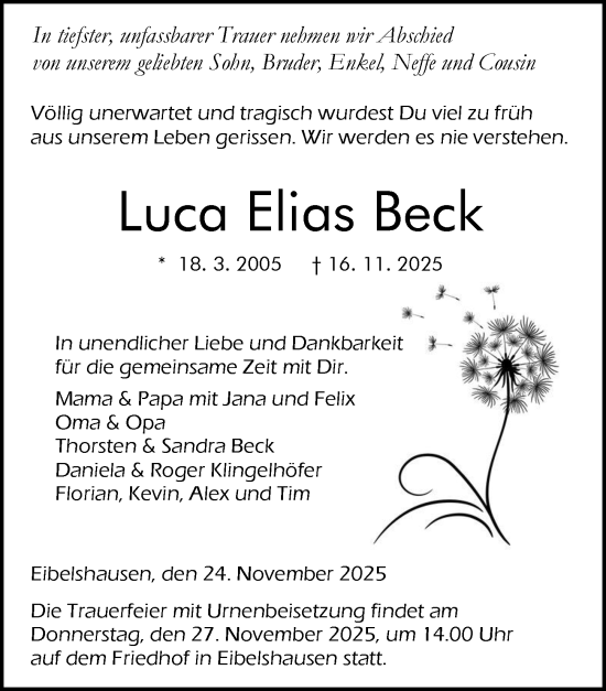 Traueranzeige von Luca Elias Beck von Dill Block