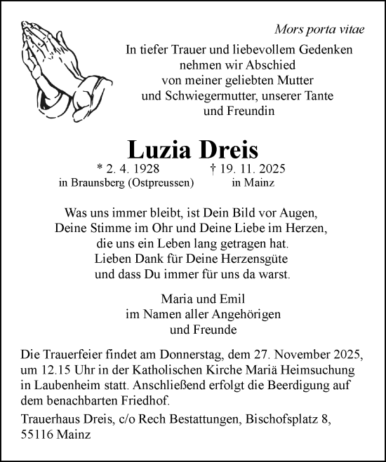 Traueranzeige von Luzia Dreis von Allgemeine Zeitung Mainz