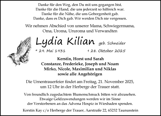 Traueranzeige von Lydia Kilian von Wiesbadener Kurier