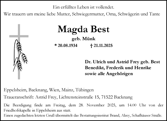 Traueranzeige von Magda Best von Allgemeine Zeitung Alzey
