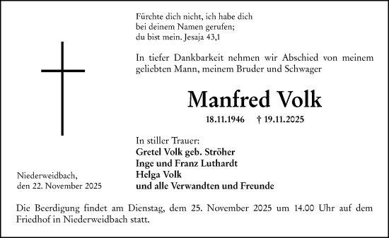 Traueranzeige von Manfred Volk von Wetzlarer Neue Zeitung
