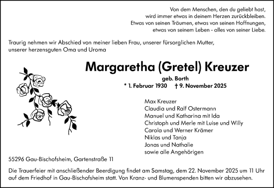 Traueranzeige von Margaretha Kreuzer von Allgemeine Zeitung Mainz