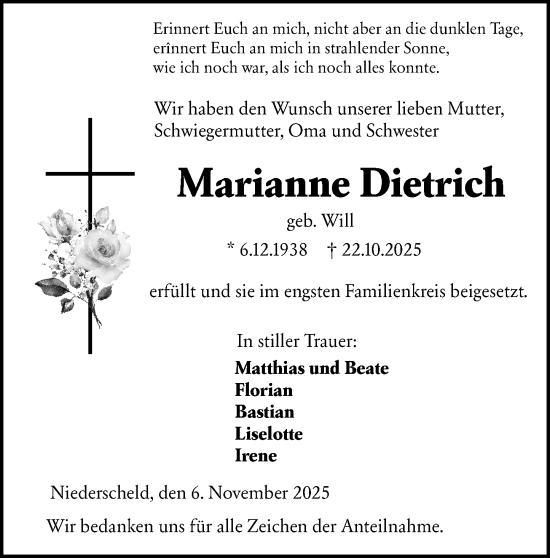 Traueranzeige von Marianne Dietrich von Dill Block