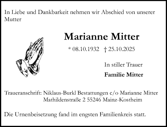 Traueranzeige von Marianne Mitter von Allgemeine Zeitung Mainz