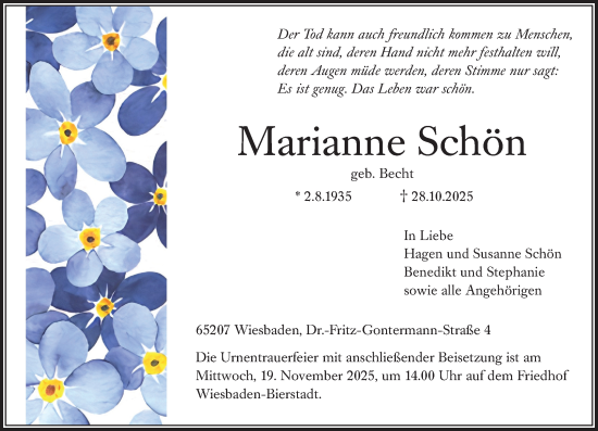 Traueranzeige von Marianne Schön von Wiesbadener Kurier