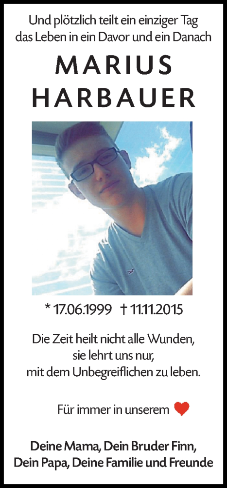 Traueranzeige von Marius Harbauer von Allgemeine Zeitung Alzey