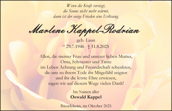 Traueranzeige von Marlene Kappel Rodrian von Rüsselsheimer Echo