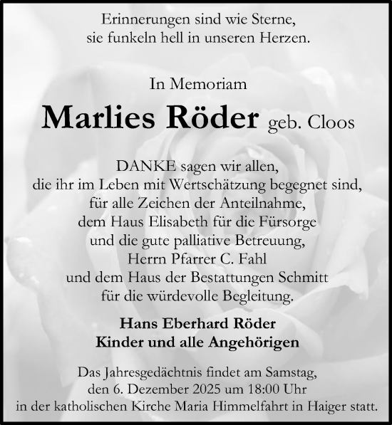 Traueranzeige von Marlies Röder von Dill Block