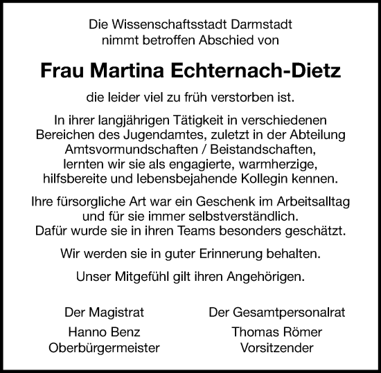 Traueranzeige von Martina Echternach-Dietz von Darmstädter Echo