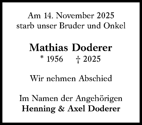 Traueranzeige von Mathias Doderer von Idsteiner Land/Untertaunus