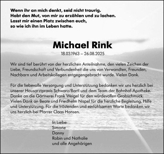 Traueranzeige von Michael Rink von Hinterländer Anzeiger