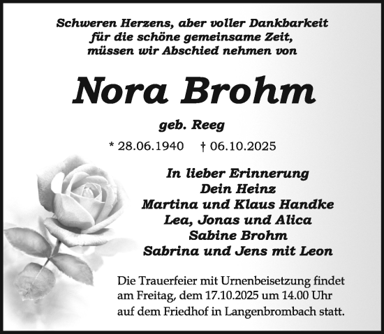 Traueranzeige von Nora Brohm von Odenwälder Echo