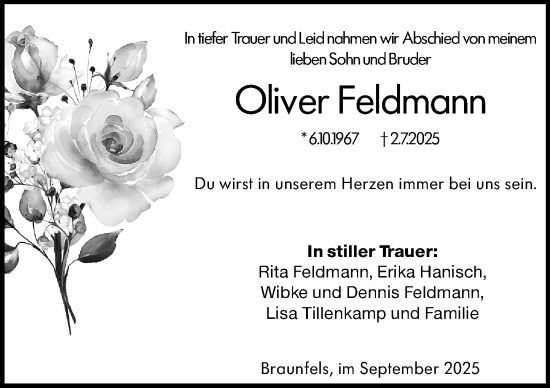 Traueranzeige von Oliver Feldmann von Wetzlarer Neue Zeitung