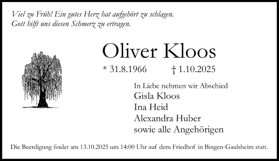 Traueranzeige von Oliver Kloos von Allgemeine Zeitung Rheinhessen-Nahe