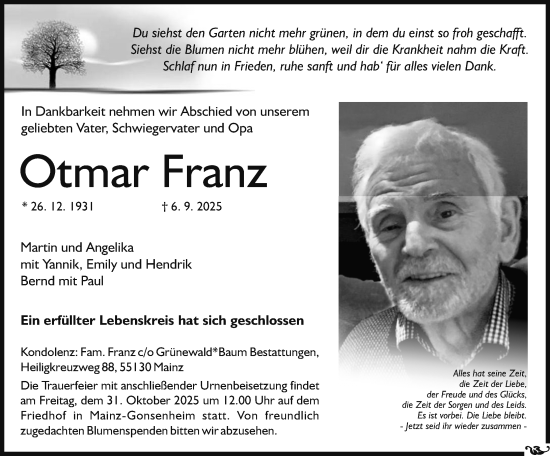 Traueranzeige von Otmar Franz von Allgemeine Zeitung Mainz