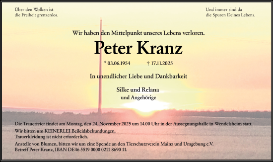 Traueranzeige von Peter Kranz von Allgemeine Zeitung Alzey