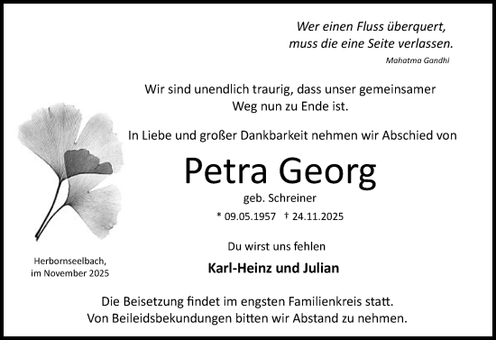 Traueranzeige von Petra Georg von Dill Block