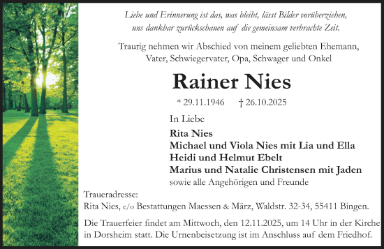 Traueranzeige von Rainer Nies von Allgemeine Zeitung Rheinhessen-Nahe