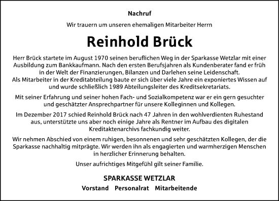 Traueranzeige von Reinhold Brück von Wetzlarer Neue Zeitung