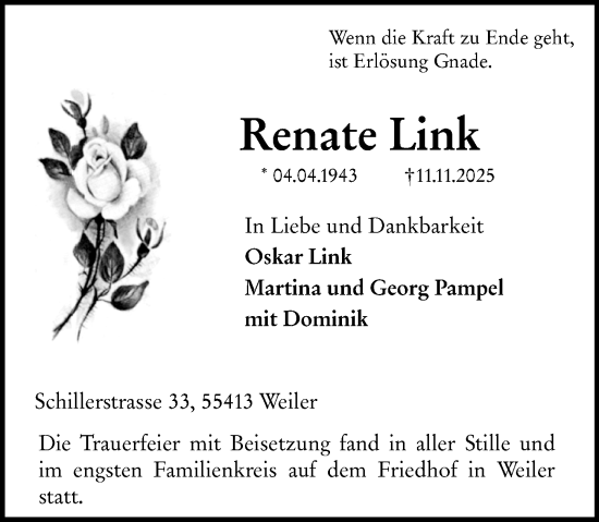 Traueranzeige von Renate Link von Allgemeine Zeitung Rheinhessen-Nahe