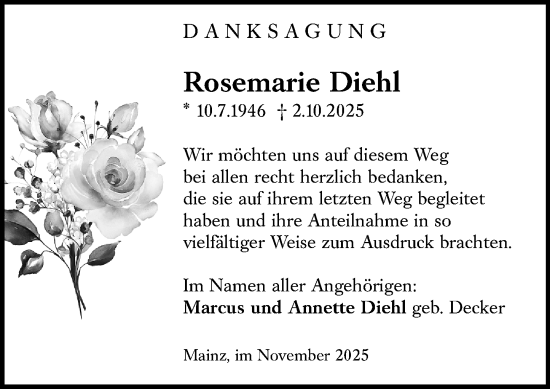 Traueranzeige von Rosemarie Diehl von Allgemeine Zeitung Mainz