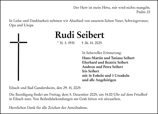 Traueranzeige von Rudi Seibert von Dill Block
