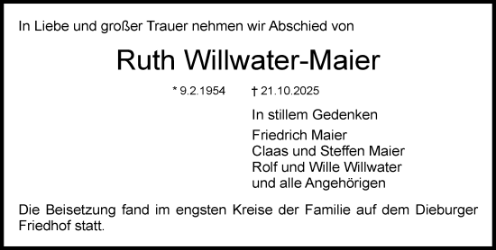 Traueranzeige von Ruth Willwater-Maier von Dieburger Anzeiger/Groß-Zimmerner Lokal-Anzeiger