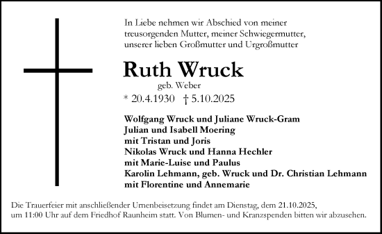 Traueranzeige von Ruth Wruck von Rüsselsheimer Echo