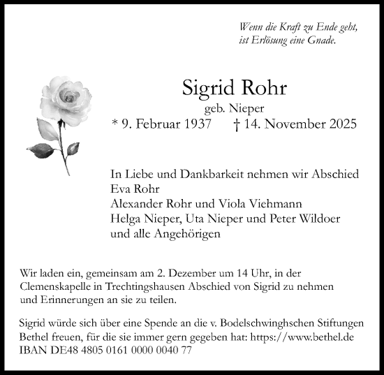 Traueranzeige von Sigrid Rohr von Binger-/Ingelheimer Wochenblatt
