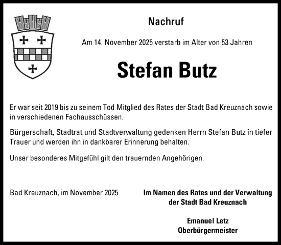 Traueranzeige von Stefan Butz von Allgemeine Zeitung Rheinhessen-Nahe