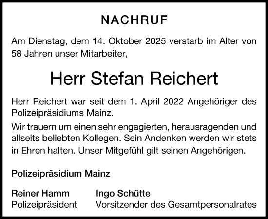 Traueranzeige von Stefan Reichert von Allgemeine Zeitung Mainz