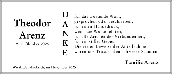 Traueranzeige von Theodor Arenz von Wiesbadener Kurier