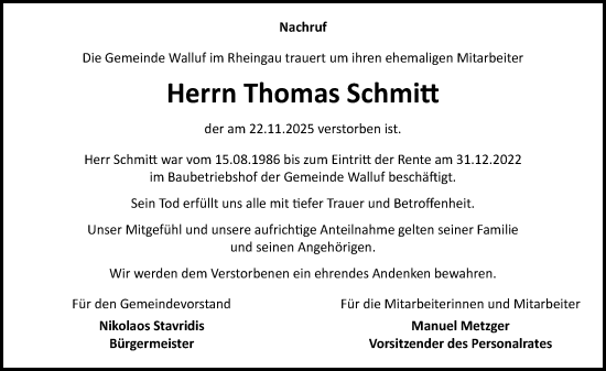Traueranzeige von Thomas Schmitt von Rheingau Kurier