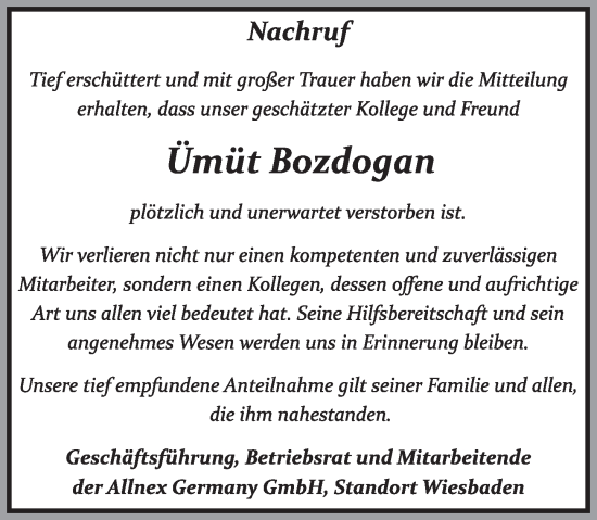 Traueranzeige von Ümit Bozdogan von Wiesbadener Kurier