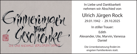 Traueranzeige von Ulrich Jürgen Rock von Darmstädter Echo