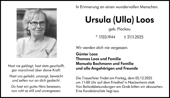 Traueranzeige von Ursula Loos von Allgemeine Zeitung Mainz