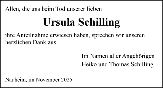 Traueranzeige von Ursula Schilling von Rüsselsheimer Echo
