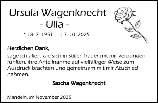 Traueranzeige von Ursula Wagenknecht von Dill Block