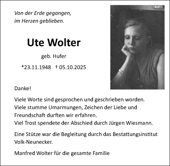 Traueranzeige von Ute Wolter von Allgemeine Zeitung Mainz