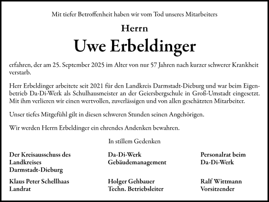 Traueranzeige von Uwe Erbeldinger von Darmstädter Echo