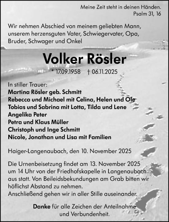 Traueranzeige von Volker Rösler von Dill Block