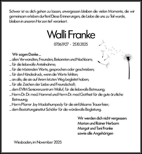 Traueranzeige von Walli Franke von Wiesbadener Kurier